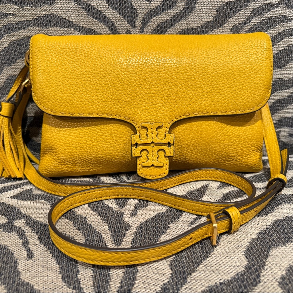 Tory Burch McGraw Foldover Crossbody Bag in Mustard Yellow with Gold Hardware